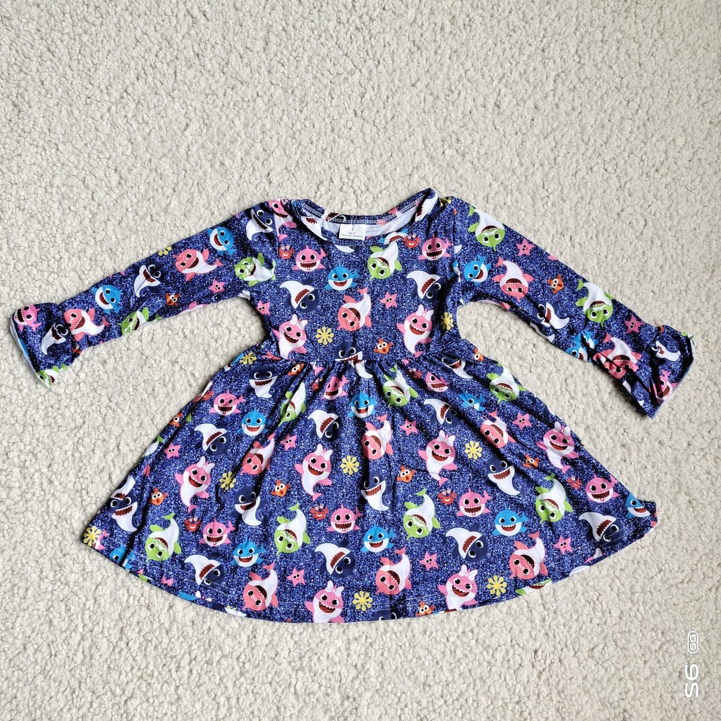 10.3 RTS NO MOQ(In stock)G4-12-2' Baby Girls Winter Dress Purple-blue long-sleeved dress with five-color fish and starfish