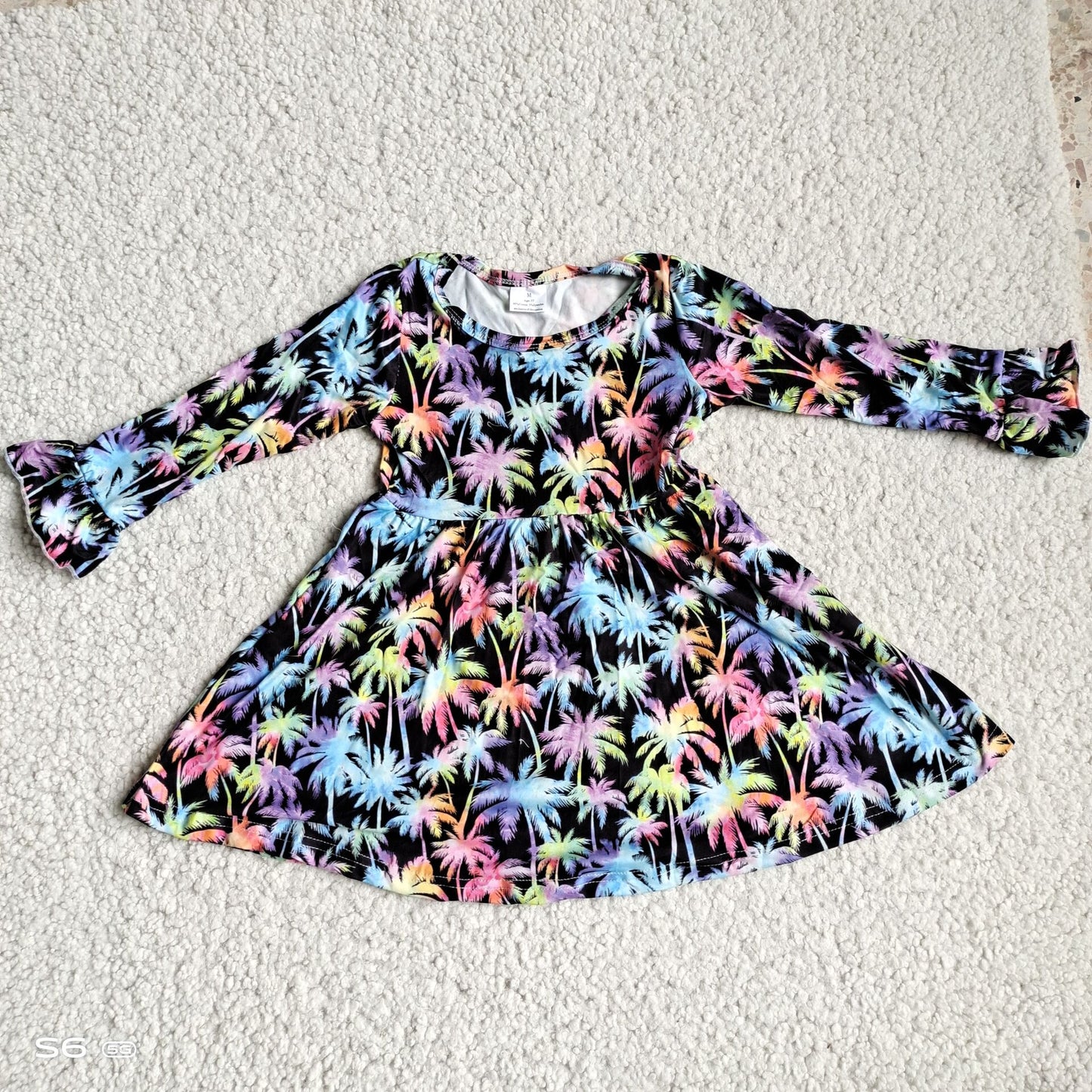 10.1 RTS NO MOQ(In stock)G2-16-3/ Baby Girls Winter Dress Colorful coconut tree black flared long-sleeved dress