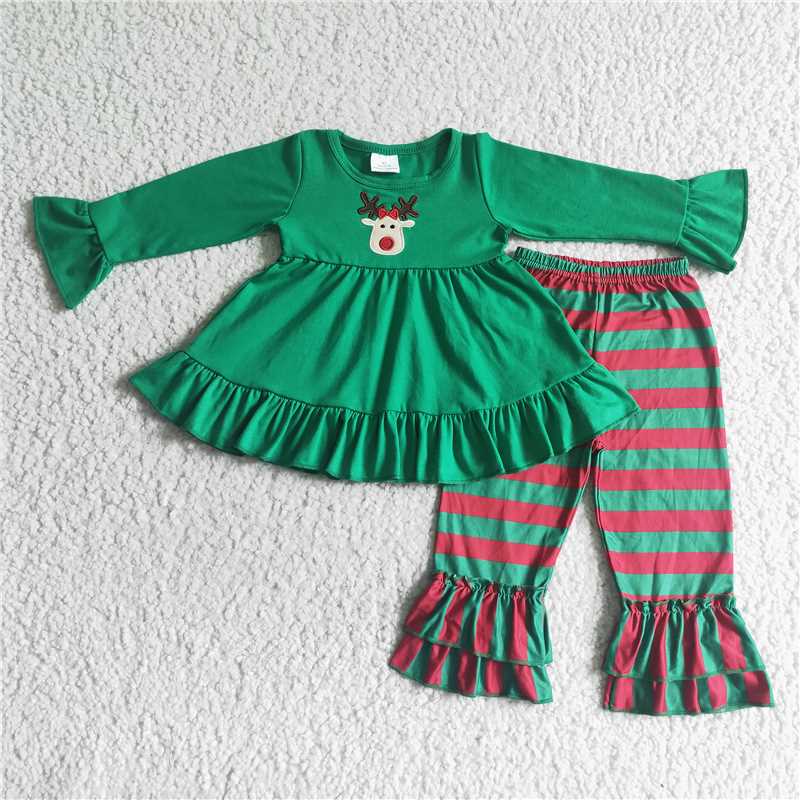 GLP0046 Girls Christmas embroidered deer green long-sleeved trousers suit
