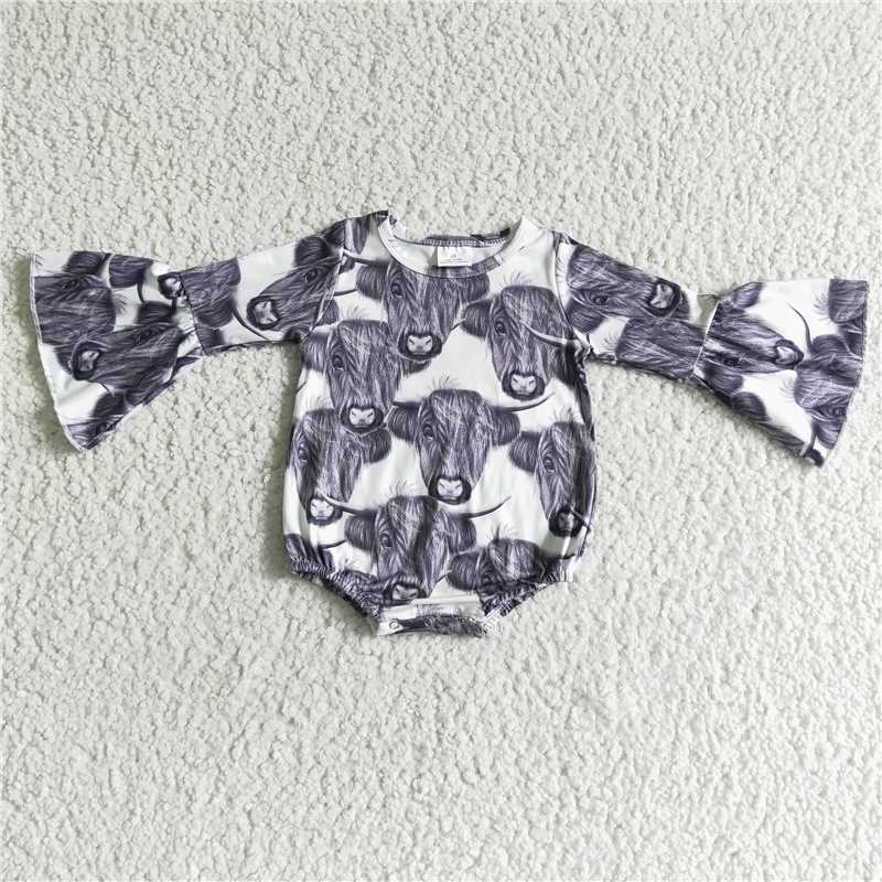 LR0017Highland cow ruffle sleeve baby girls romper
