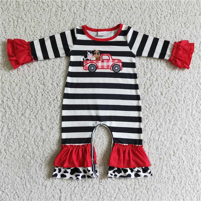 LR0015Cow truck embroidery stripe baby girls romper