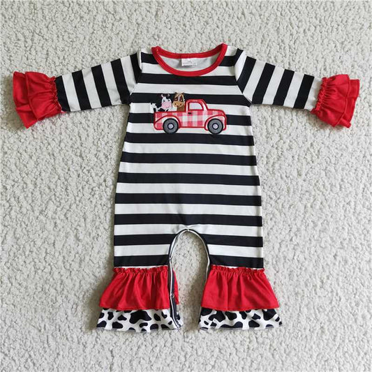 LR0015Cow truck embroidery stripe baby girls romper