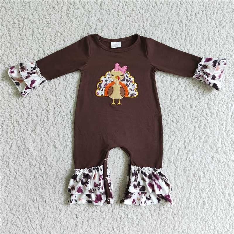 LR0038Turkey embroidery brown leopard baby Thanksgiving romper