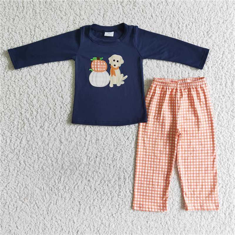 BLP0038Pumpkin dog embroidery shirt plaid pants boy fall set