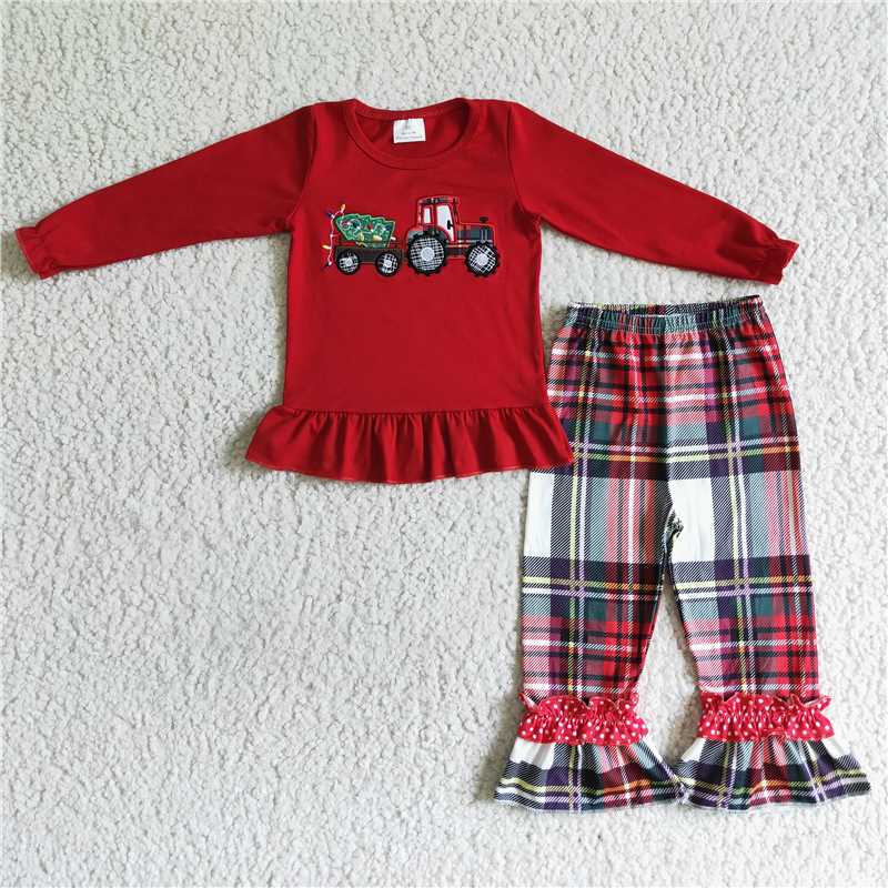 GLP0063Christmas tree truck embroidery plaid pants girls clothes
