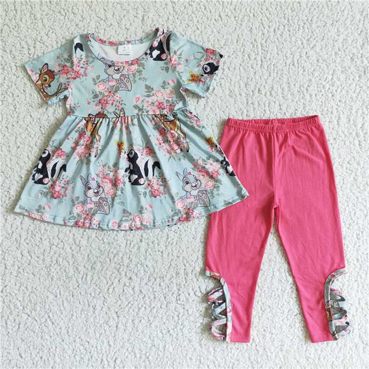 GSPO0154 Girls' short-sleeved and long-pants set with flower deer