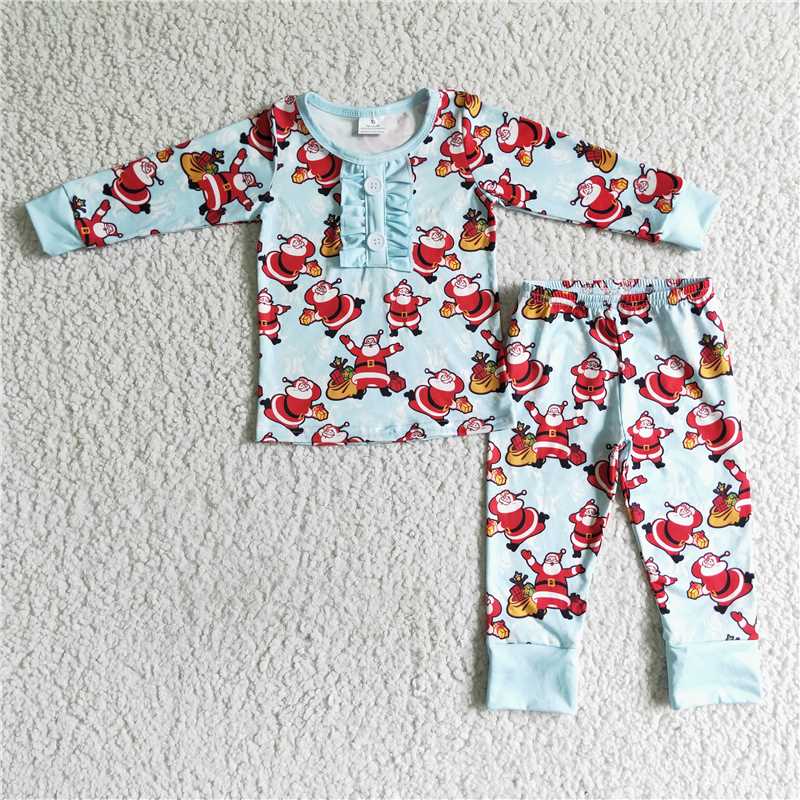 12.12 RTS NO MOQ (In stock)BLP0027 Baby Girls santa Christmas ruffle pajamas pants clothes sets