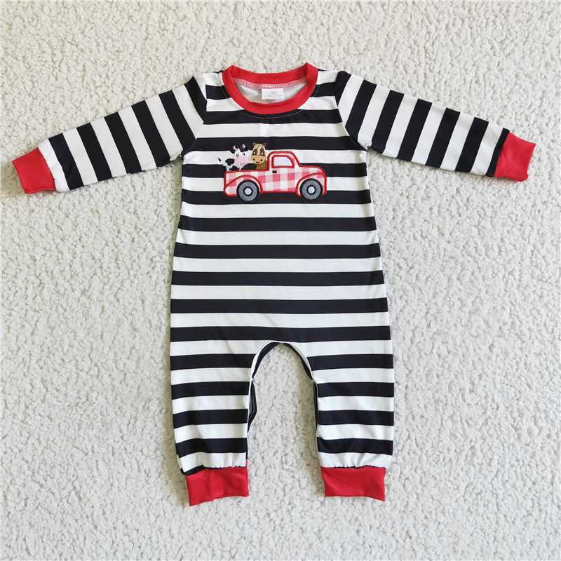 LR0016Cow truck embroidery stripe baby boy romper