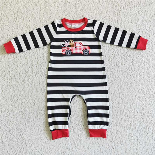 LR0016Cow truck embroidery stripe baby boy romper