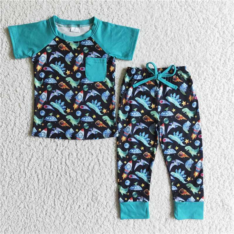 BSPO0024 baby boys blue dinosaur pocket top pants sets