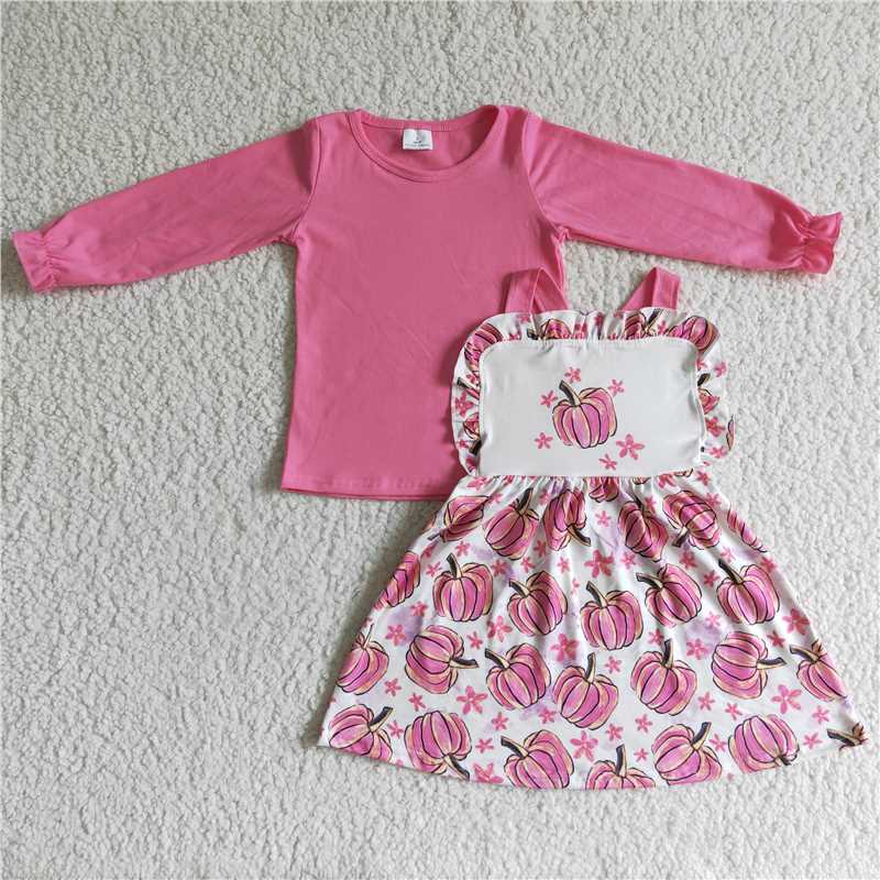 GLD0032Pink shirt pumpkin suspender dress girls fall clothing set