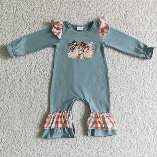 USA Shop (in stock)LR0105Pumpkin embroidery long sleeve cotton baby fall romper