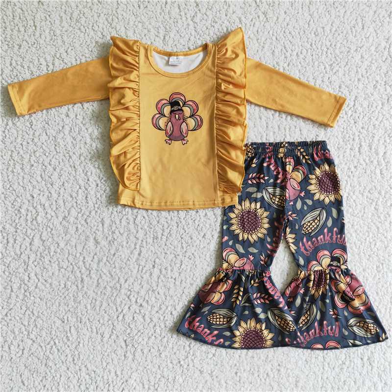 GLP0201Turkey print shirt sunflower bell bottom pants girls Thanksgiving clothes