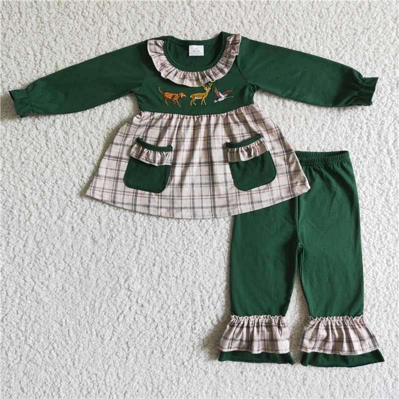 GLP0162Dog deer duck embroidery girls sibling fall outfits