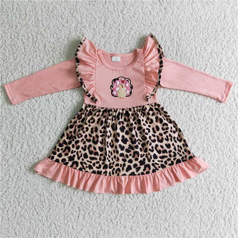 GLD0088 Baby girls turkey leopard pink knee length dresses