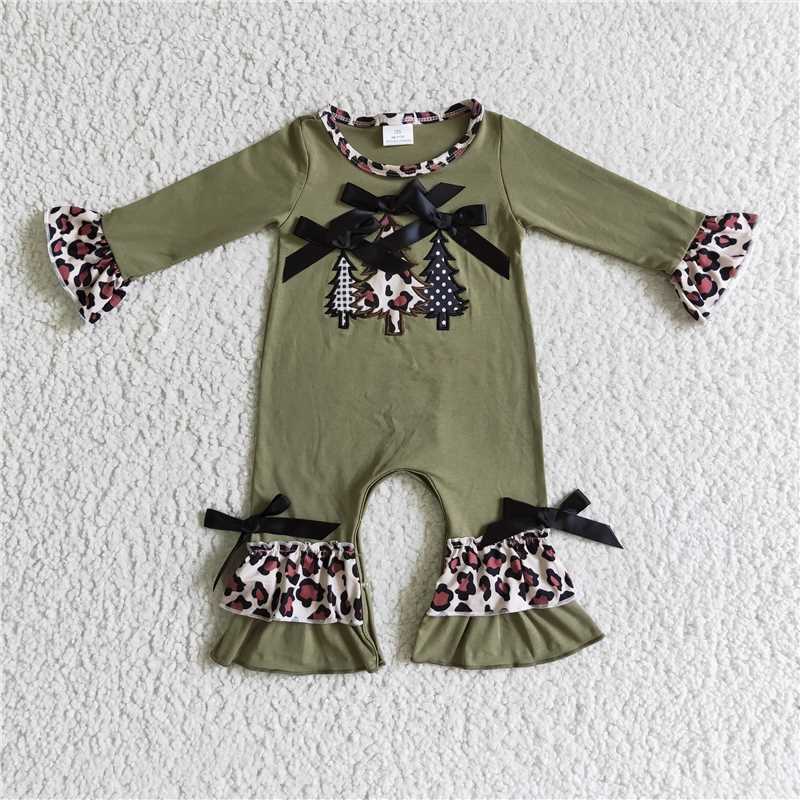 LR0166Christmas tree embroidery olive cotton baby Christmas romper