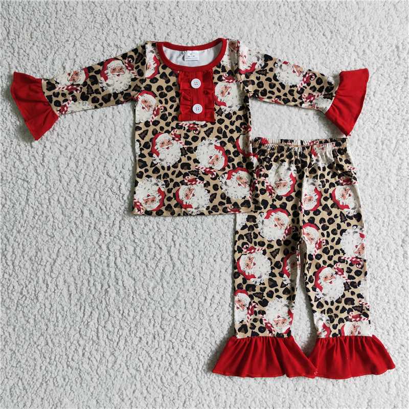 12.11 RTS NO MOQ (In stock)GLP0218 baby girls christmas leopard santa pajamas pants sets
