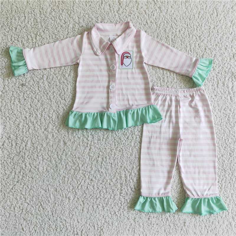 GLP0134 Girls Embroidered Christmas Pink Striped Long Sleeve Pants Set