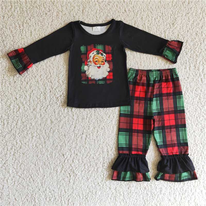12.11 RTS NO MOQ (In stock)GLP0260 Baby girls black red santa Christmas ruffle pants clothes sets