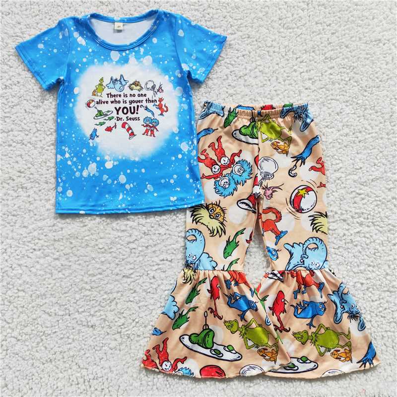 GSPO0527 Girls Dr Seuss blue short-sleeved trouser suit