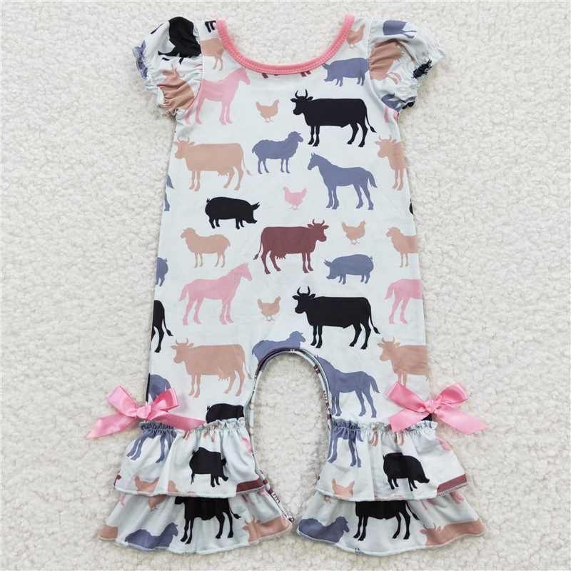 SR0328 Baby Girls Animal Farm Short Sleeve Rompers