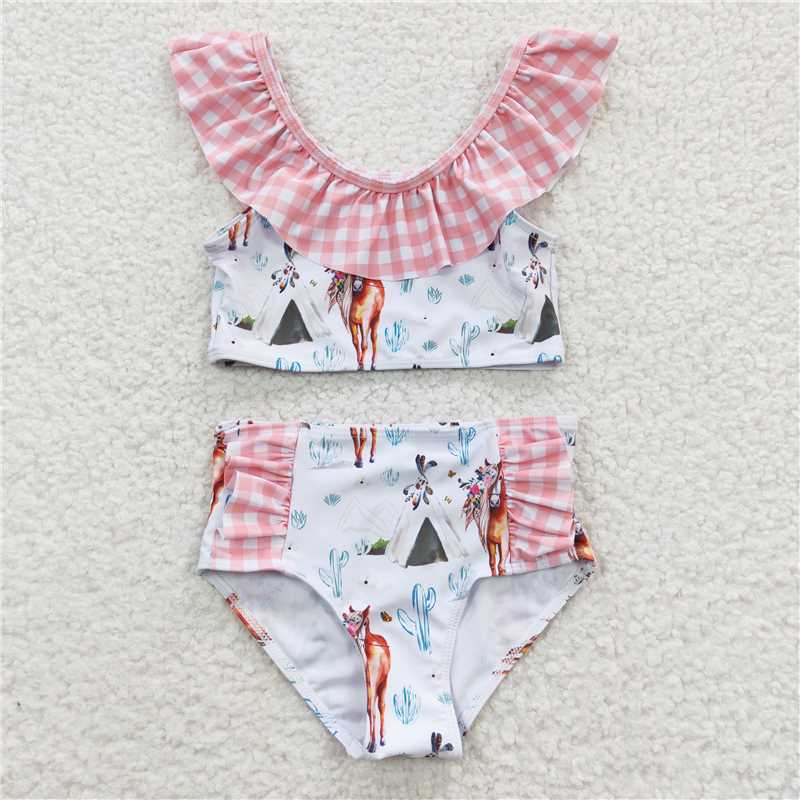 S0117 Baby Girls Western Horse Ruffle Two Pieces Swimsuits