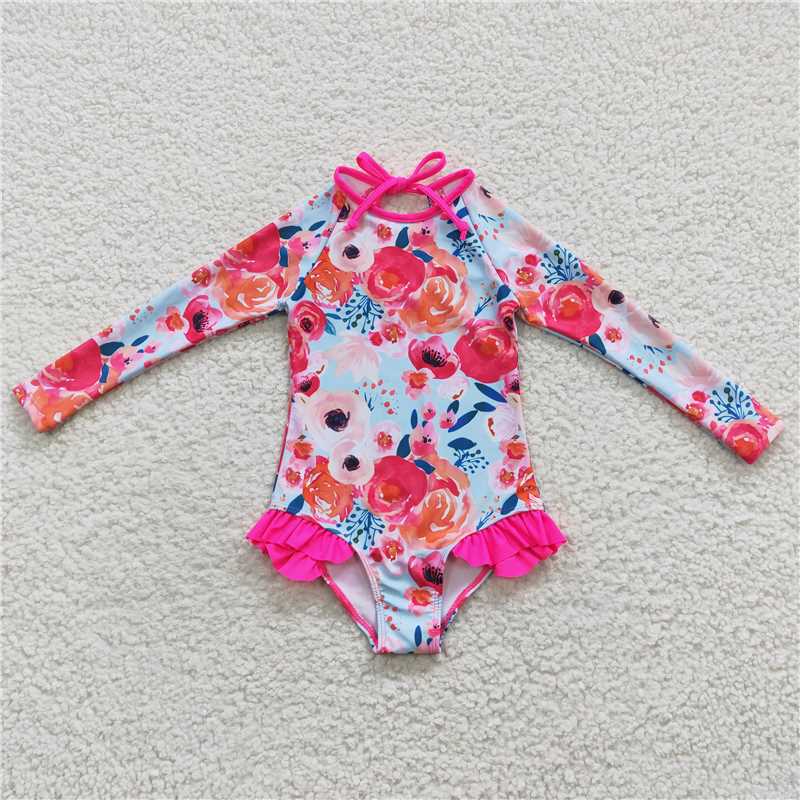 S0083 Baby Girls Pink Flowers Long Sleeve One Pieces Swimsuits
