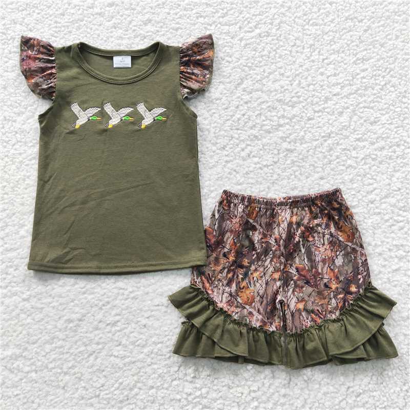GSSO0252Duck olive shirt camo shorts kids girls clothing set