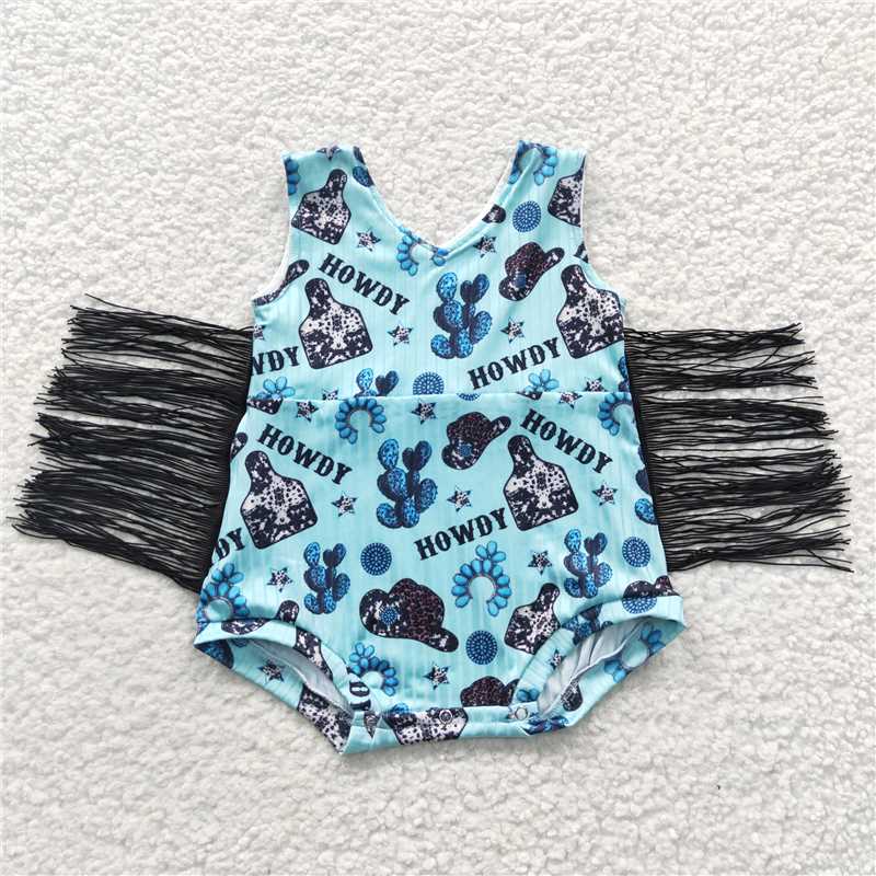 SR0323 Baby Girls Western Tassel Howdy Blue Rompers