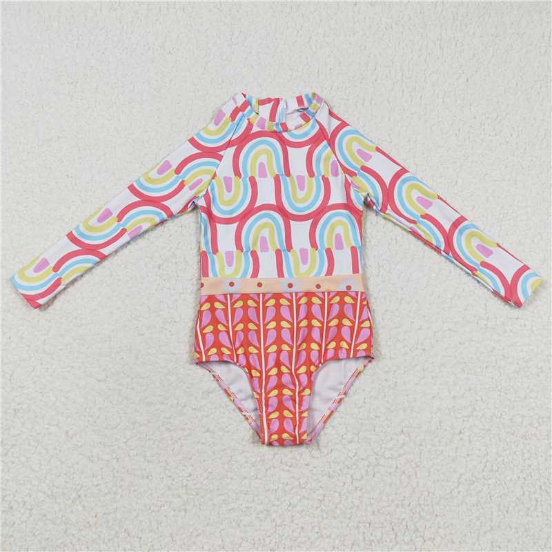 Baby Girls Dino Princess Swimsuit Long Sleeves One-Piece Lining UV Protection Swimwear for Kids