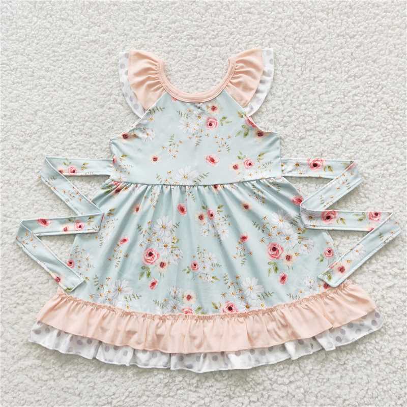 GSD0308 Baby Girls Green Floral Ruffle Knee Length Dresses