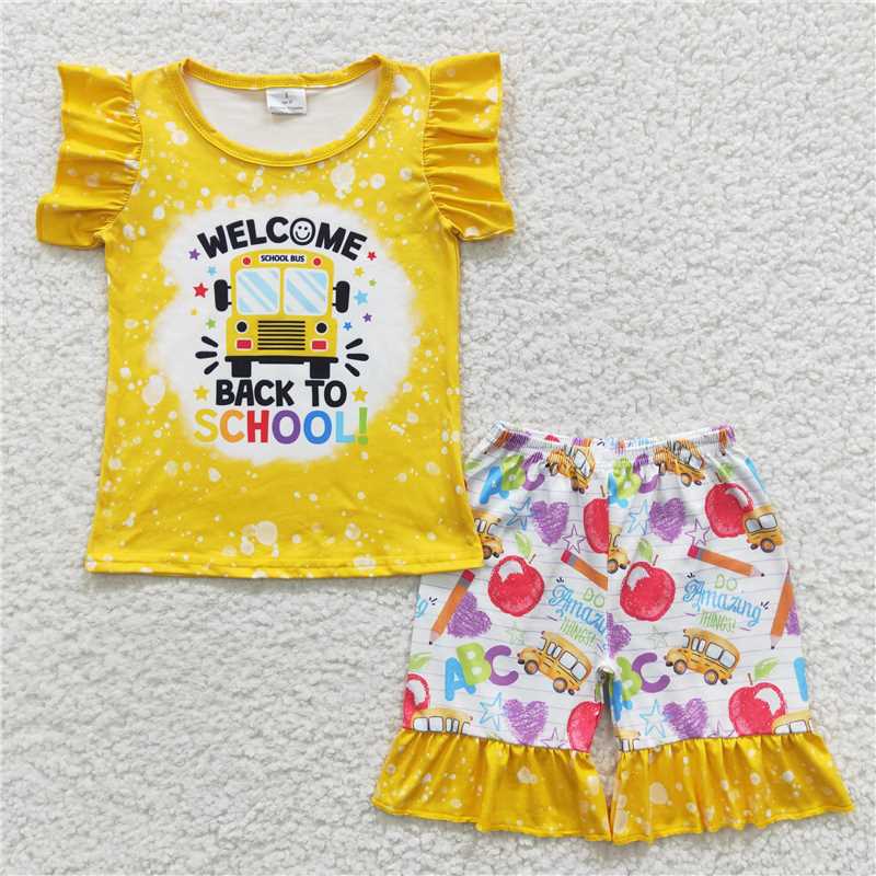 12.29 RTS NO MOQ (In stock)GSSO0284 Baby Girls Back To School Ruffle Shorts Sets