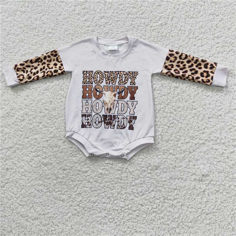 LR0282Howdy bull skull leopard long sleeves baby girls romper