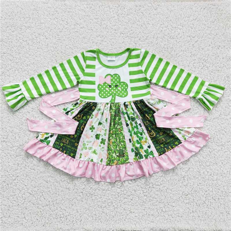 6 A23-11 Baby Girls St Patrick Day Quatrefoil Twirl Belt Dresses