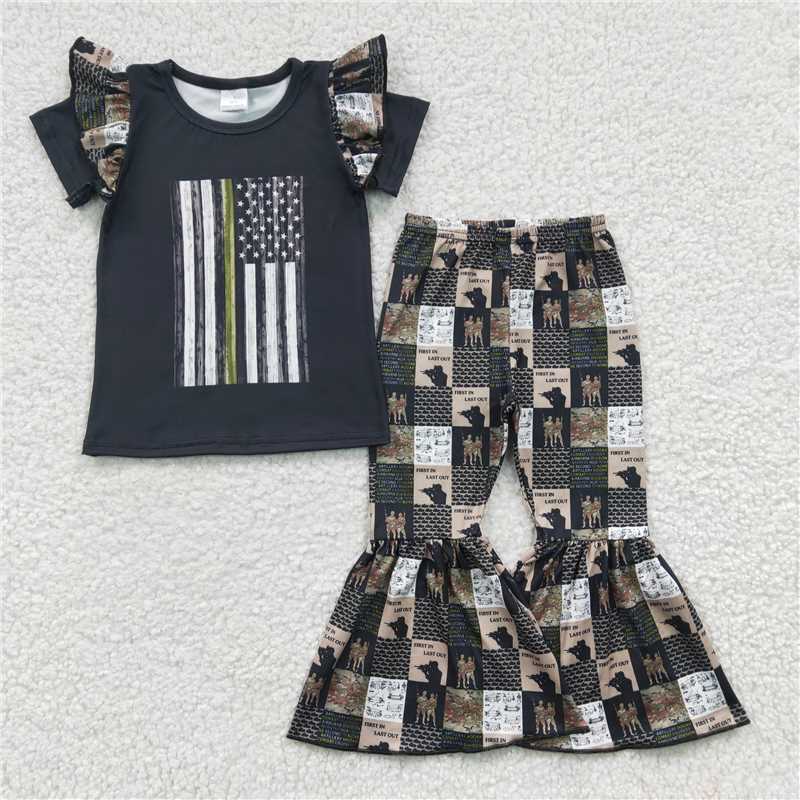 A9-15 Black short-sleeved flared pants with national flag lace