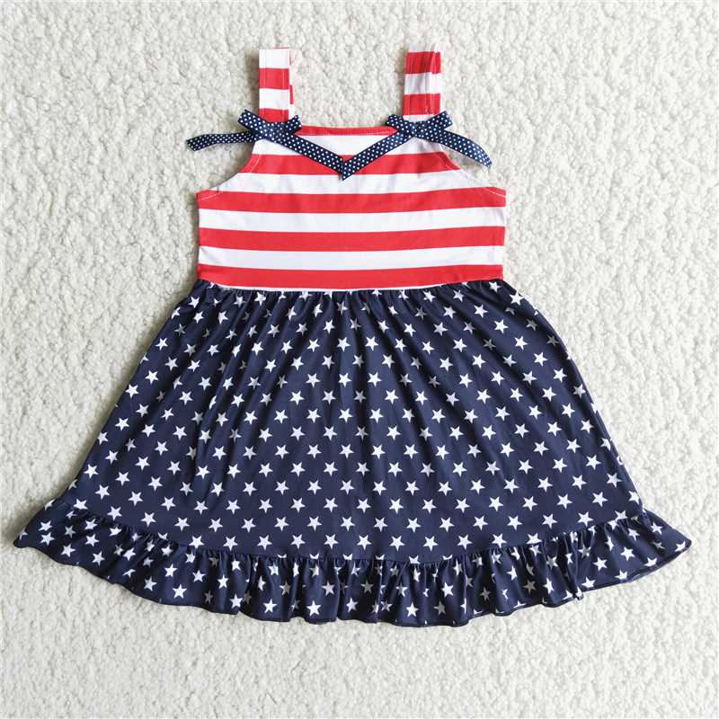 A14-10 4th of July Girls bow star strap dress