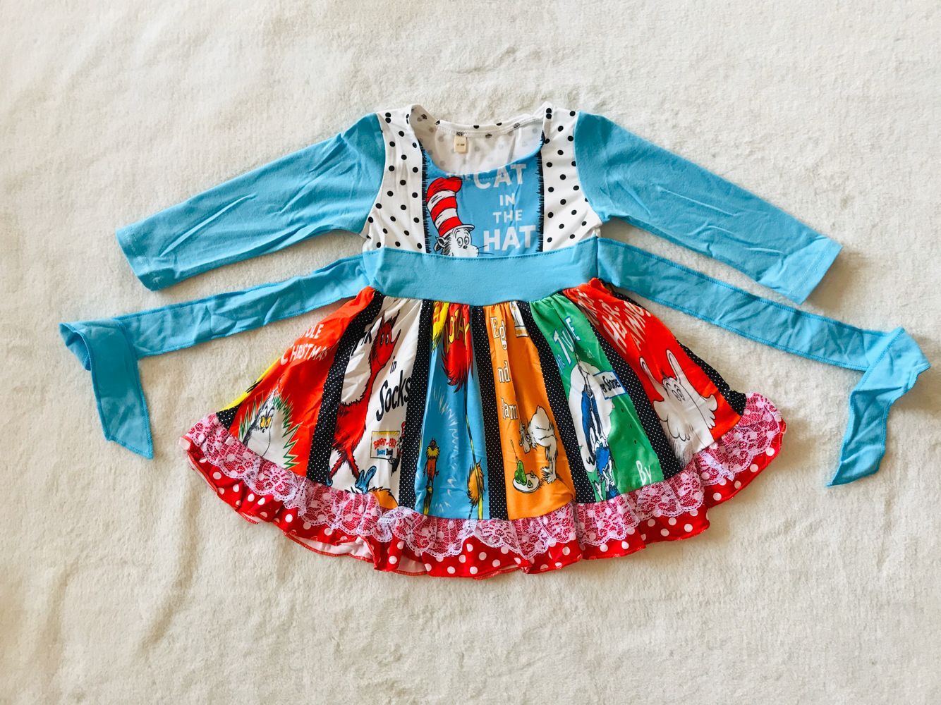 10.11 RTS NO MOQ(In stock)G3-4-2 Baby Girls Winter Dress Polka dot blue belt-stitched long-sleeved dress