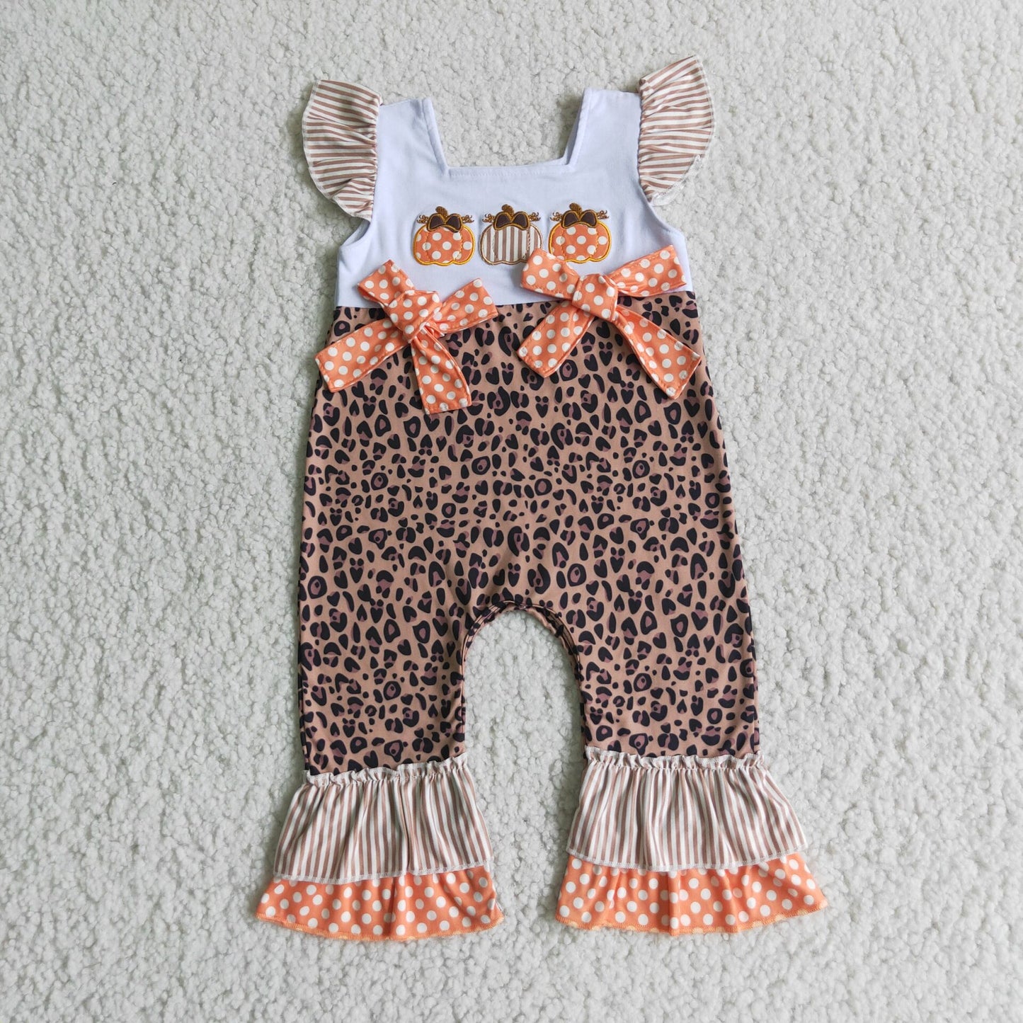 D1-15 Baby Girls Pumpkin Leopard Bow Rompers