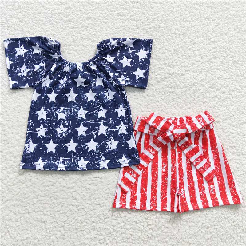 4th of July girls star top belt shorts sets