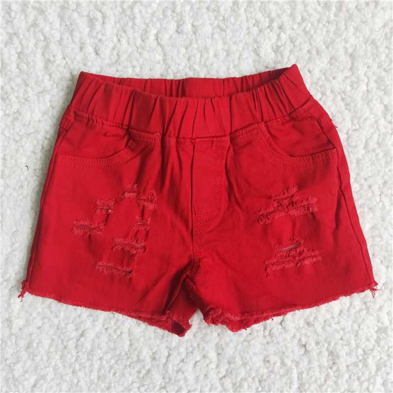 D13-14 Baby Girls red elastic denim shorts