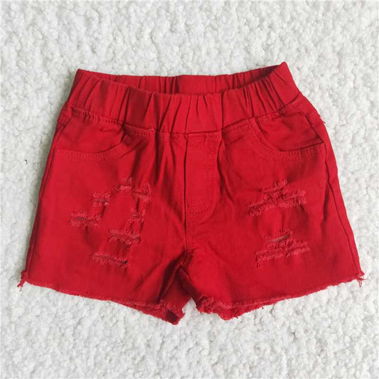 D13-14  Baby Girls red elastic denim shorts