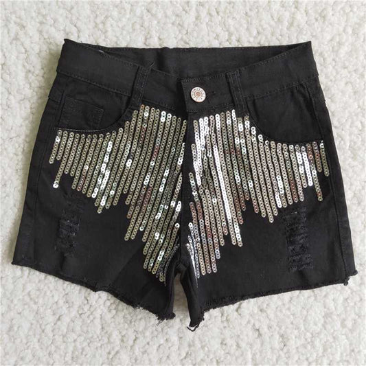 D8-4  Girl Black Sequin denim shorts