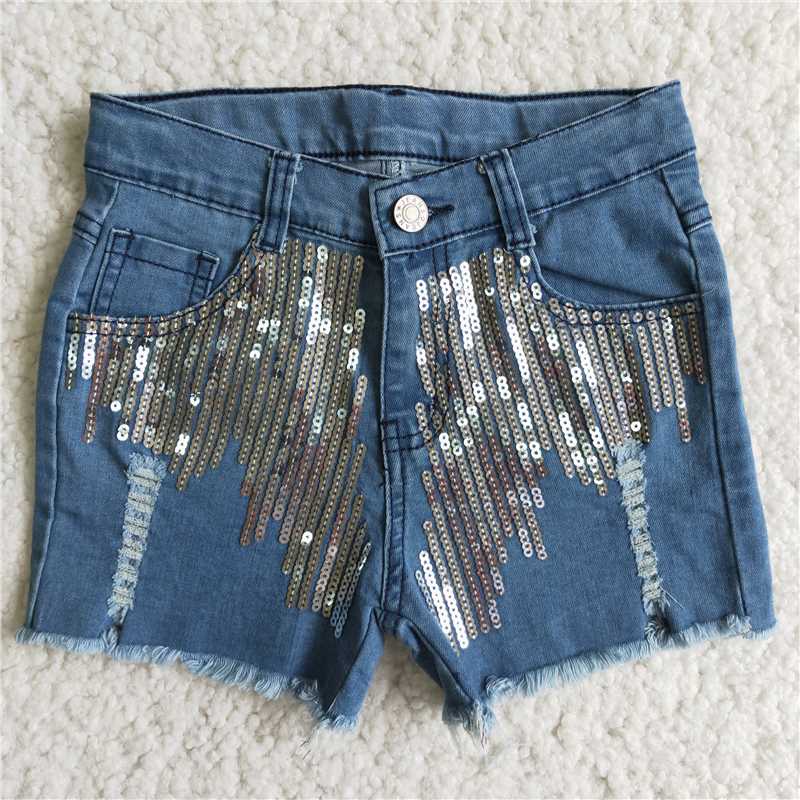 D7-4 Baby Girls sequin navy denim shorts