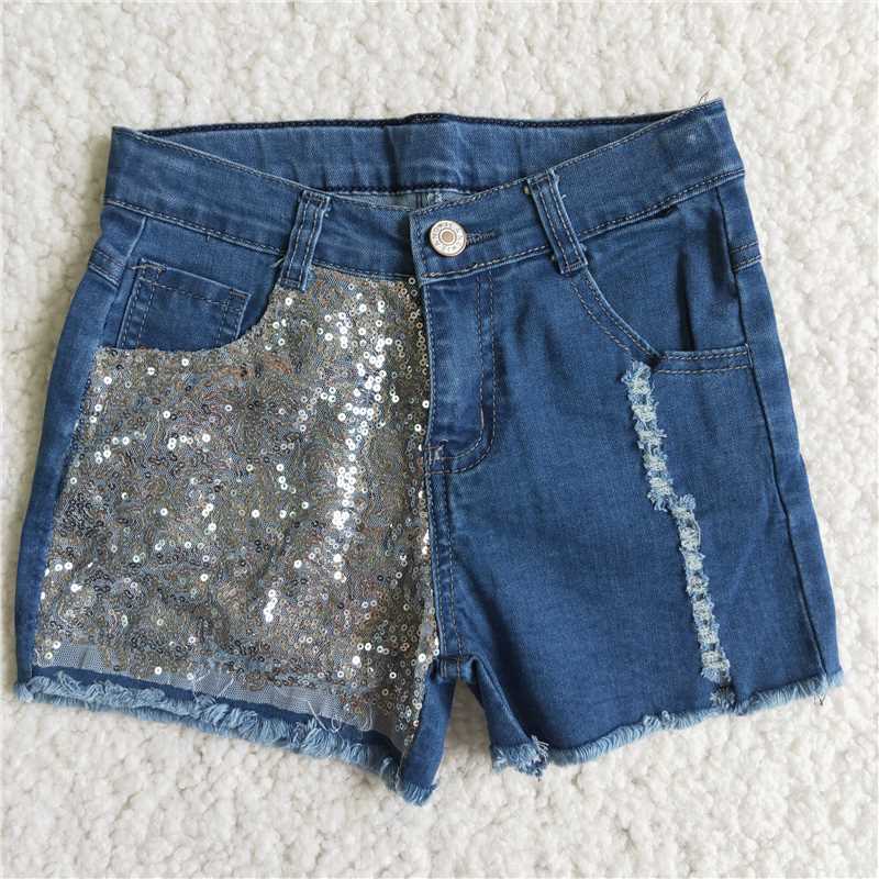 D8-14 Baby Girls half sequin blue denim shorts