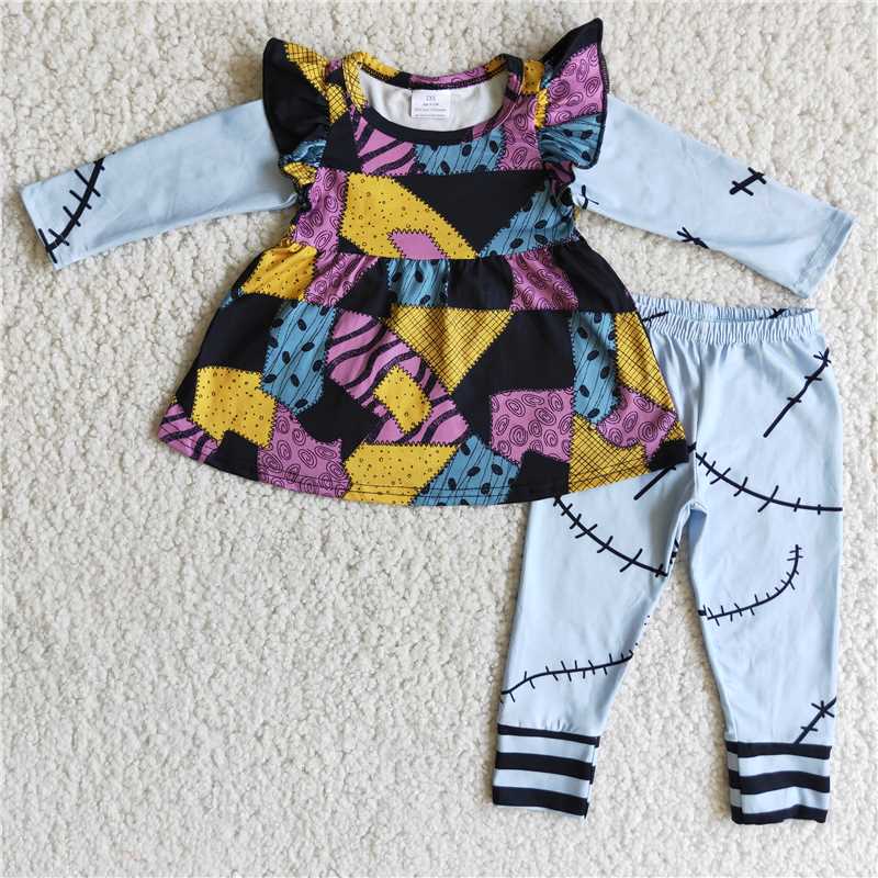 6 A5-5Patchwork tunic pat leggings Halloween girls clothing set