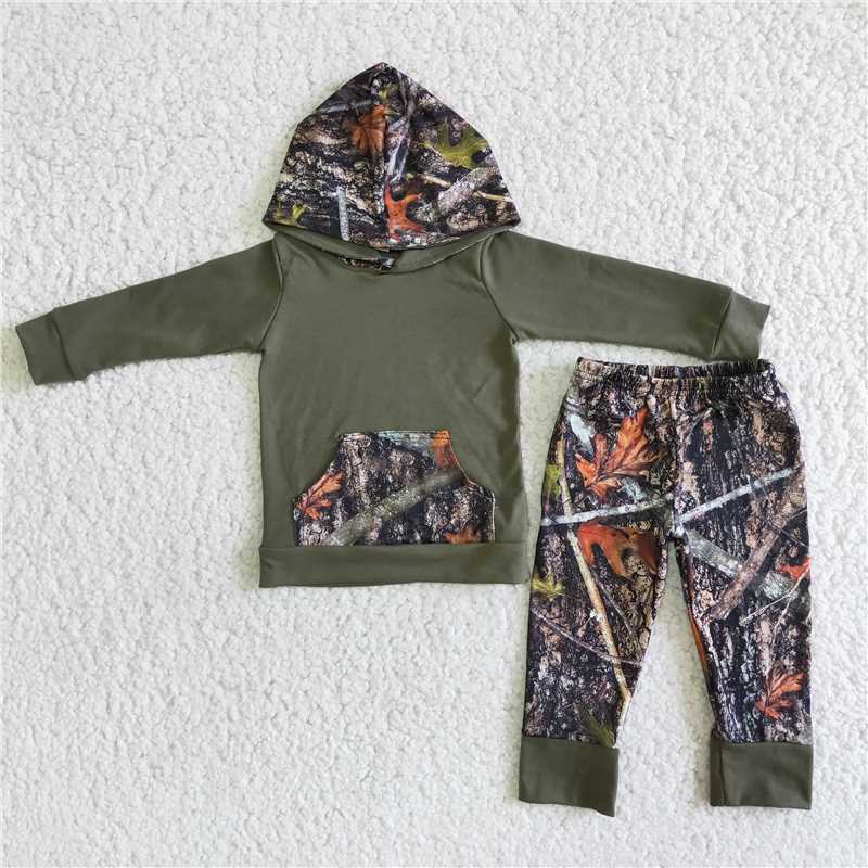 6 A6-30 Boys Army green hooded long-sleeved sweatshirt maple leaf trousers set