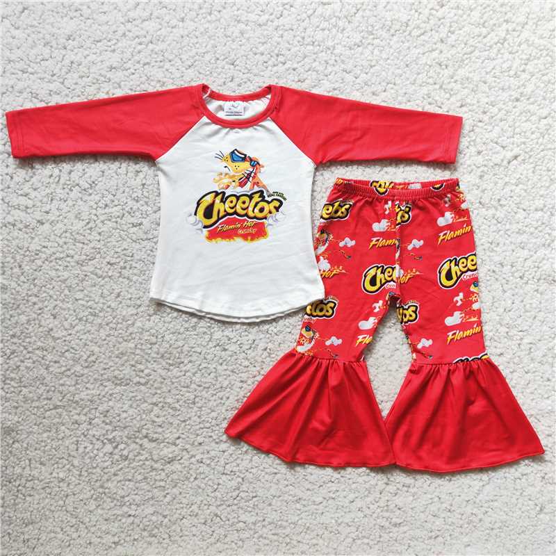 6 A1-12Red long sleeve shirt bell bottom pants girls outfits