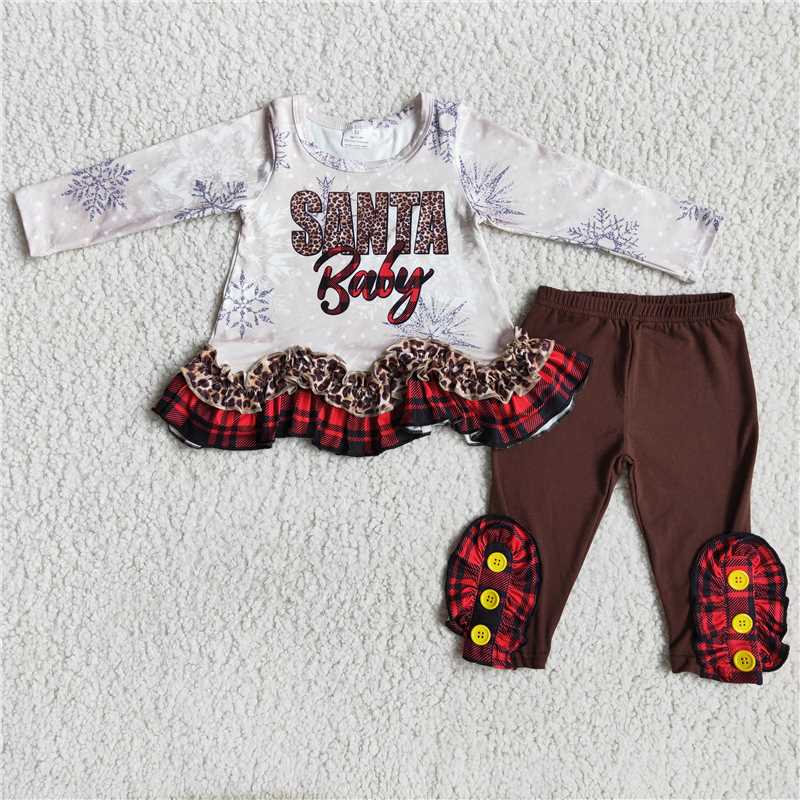 6 A18-5Santa baby print wave tunic brown leggings girls Christmas clothing