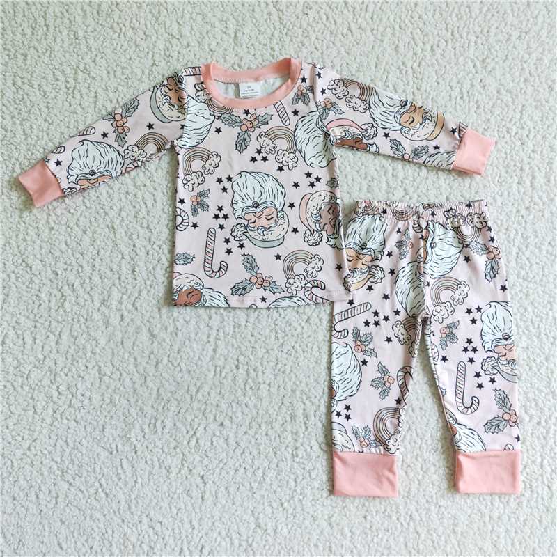 6 A19-14 Santa Claus star pink pajamas long sleeves and long pants set