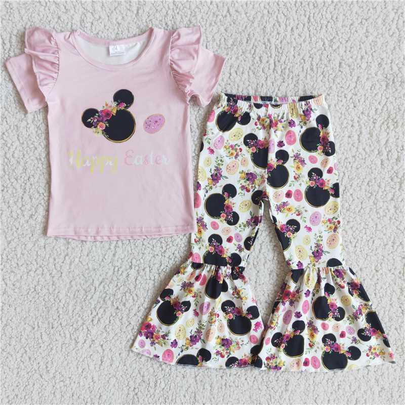 D7-3 Mickey head pink short-sleeved top and long pants set